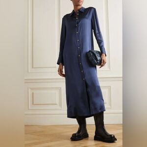LOULOU STUDIO Ara Satin Midi Long Sleeve Shirt Dress In Navy Blue XS Org $565